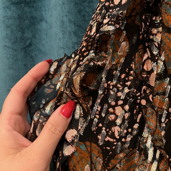 Gold & Brown Silk Ulla Johnson Mini Dress with Ruffles and Sash- Size 6 - Picture 4 of 5